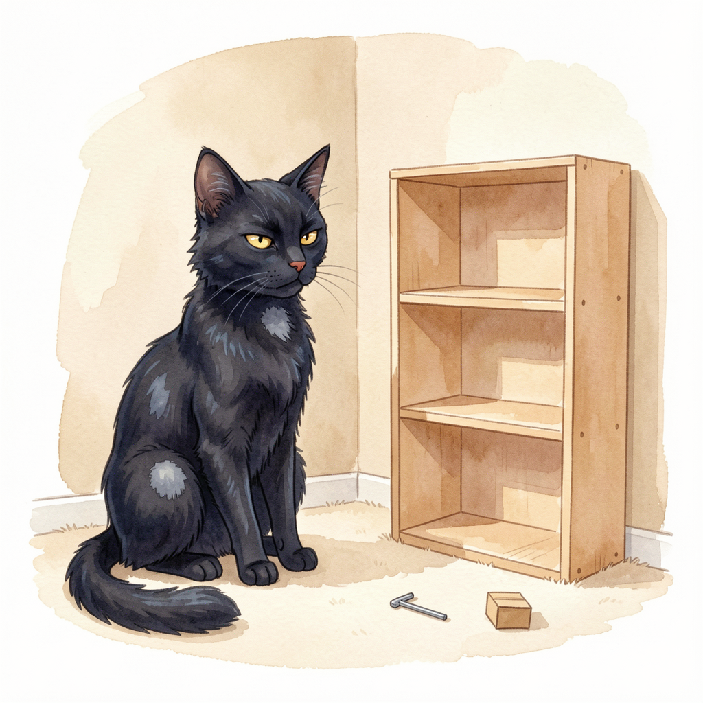 Watercolour illustration of Nora, a black cat with golden eyes and three grey shaved patches, sitting disdainfully beside a newly assembled light-wood flat-pack bookshelf, with an allen key and a small box on the carpet.