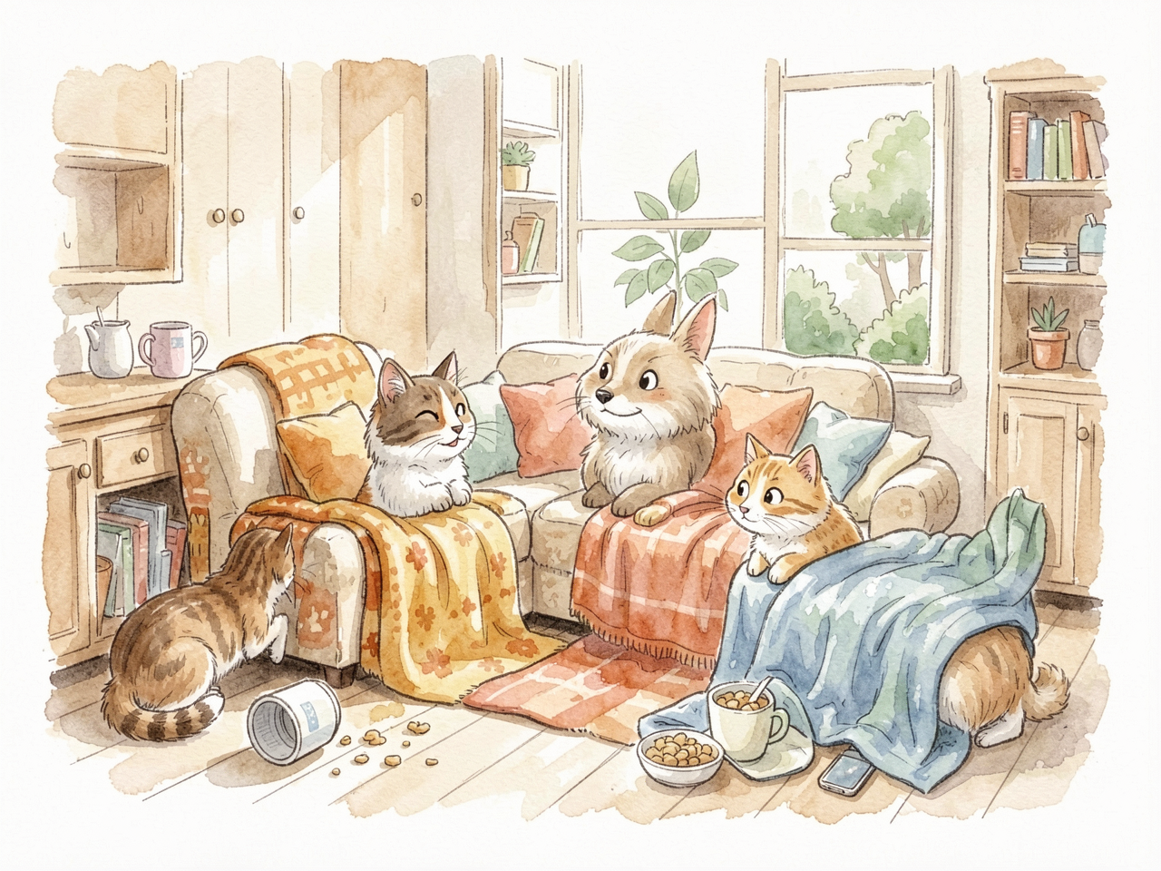 Watercolour illustration of Nora, a lean black cat with golden eyes and three grey shaved patches, perched at the top of a light-wood flat-pack bookshelf at night, one paw outstretched toward a small twist window latch, hardback books used as rungs below her, a sliver of moonlit spring garden and a magpie visible through the glass.